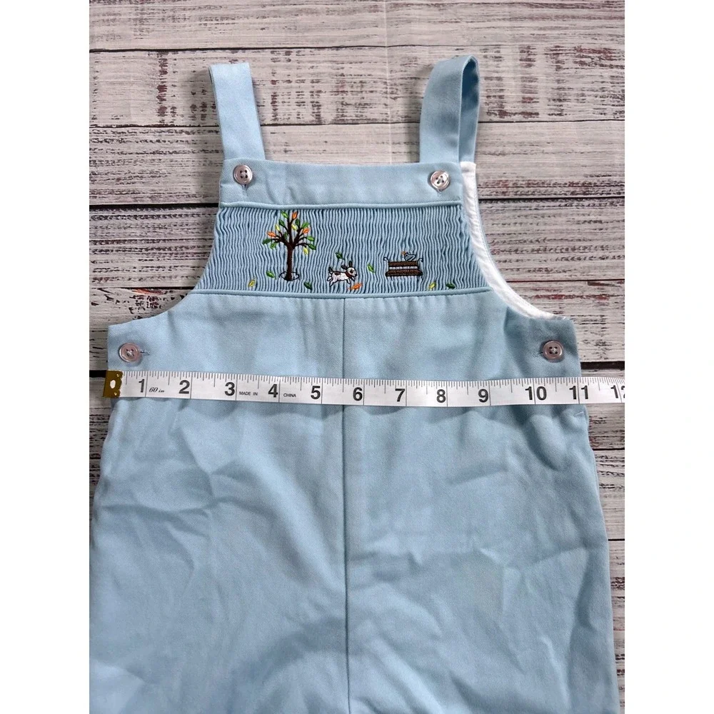 Talbots Kids Vintage Overalls Kids Light Blue Smocked Embroidered Dog Tree 12M